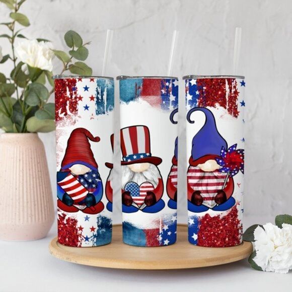 𝅺4th of July Gnomes - Independence‎ Day 20 oz Skinny Sublimation Tumbler - Picture 1 of 4